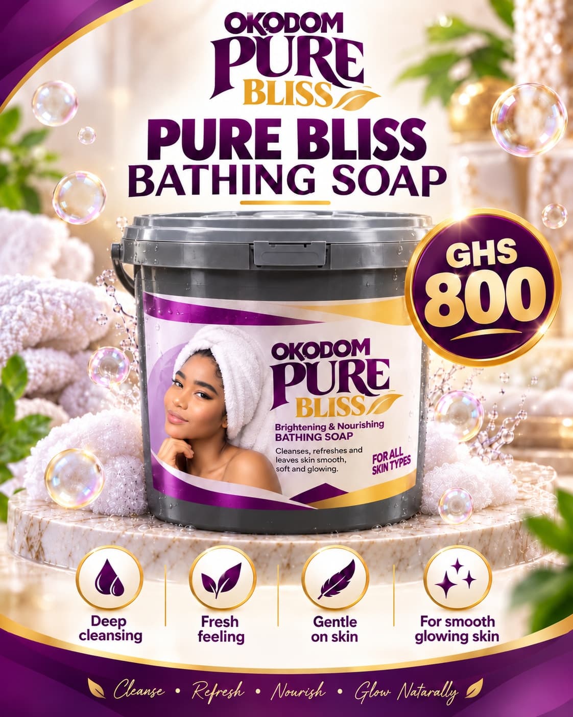 Okodom Pure Bliss Bathing Soap — Black Container, advertised at GH₵ 800