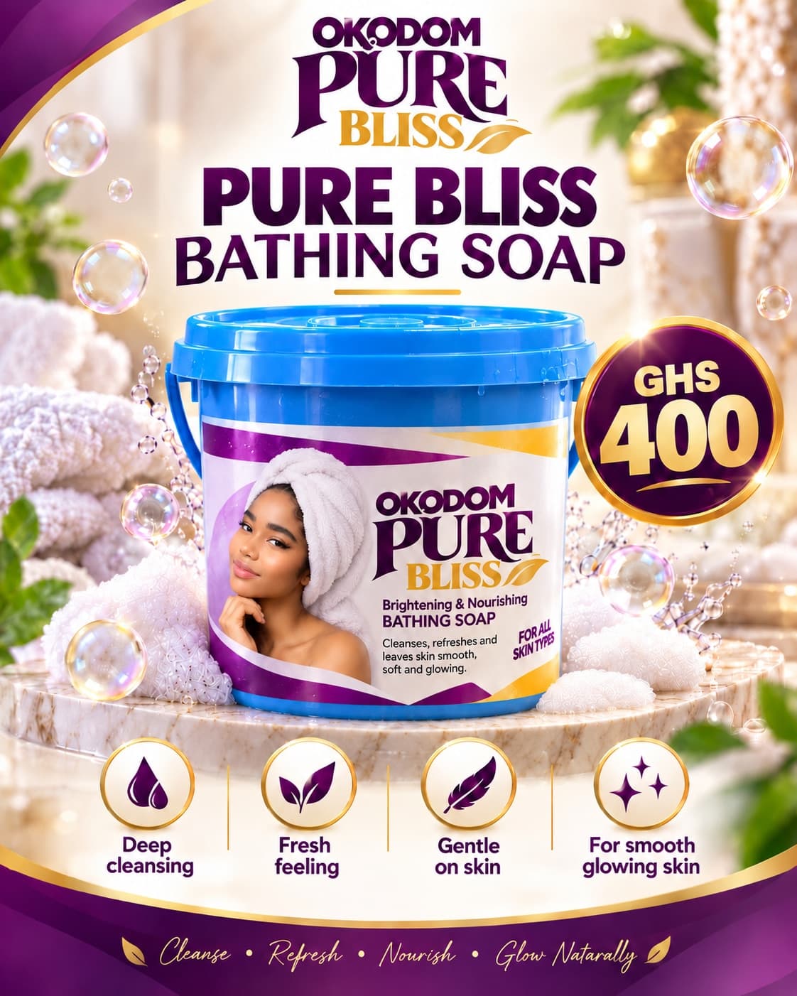 Okodom Pure Bliss Bathing Soap — Blue Container, advertised at GH₵ 400