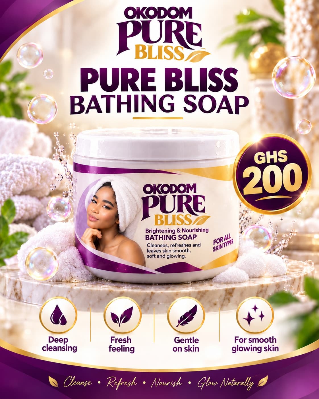 Okodom Pure Bliss Bathing Soap — White Container, advertised at GH₵ 200
