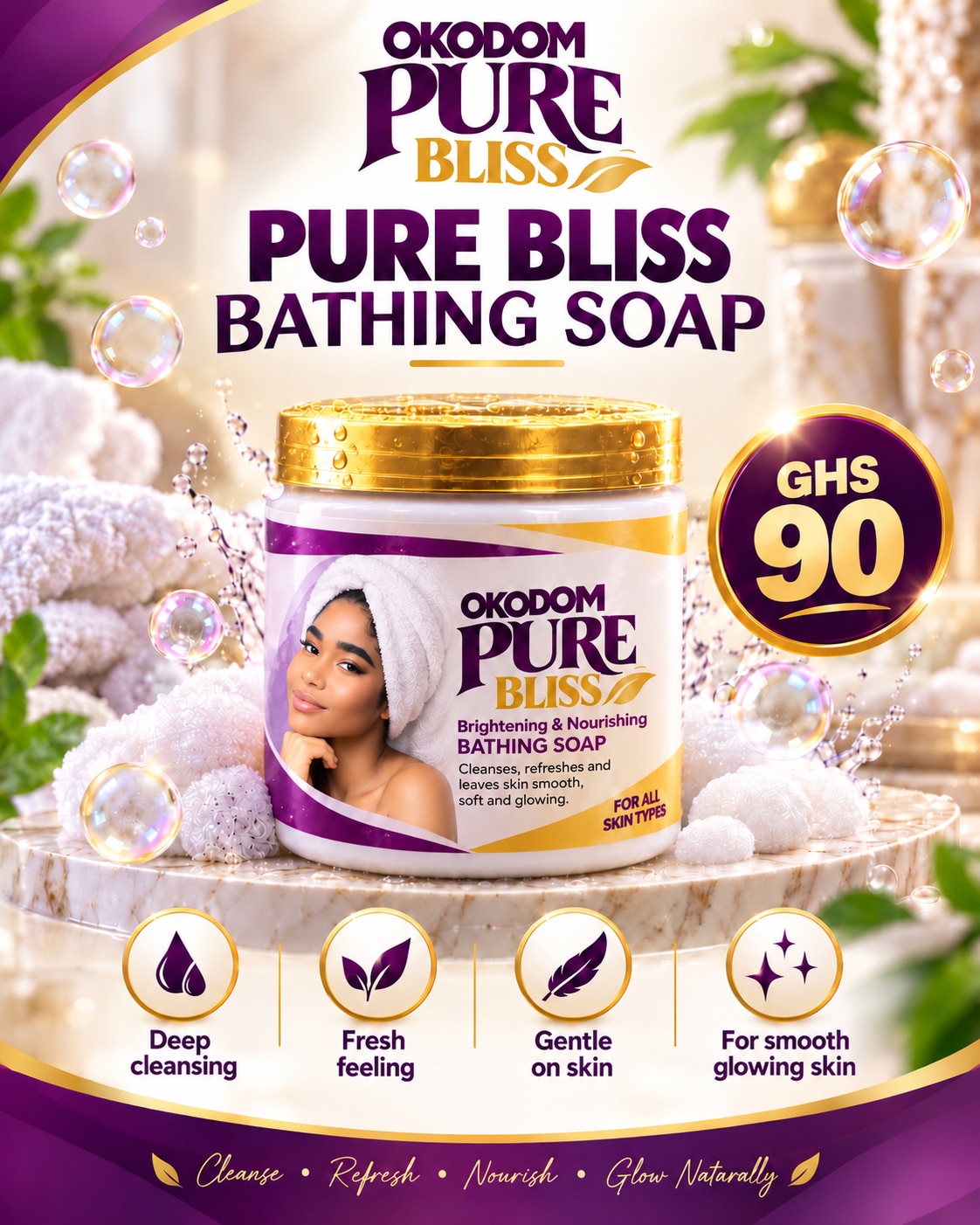 Okodom Pure Bliss bathing soap, gold lid container, GH₵90
